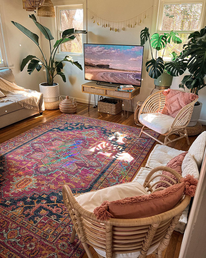 Spacious bohemian style living room with vibrant rug, rattan chairs, indoor plants, and home decor ideas featuring nowne