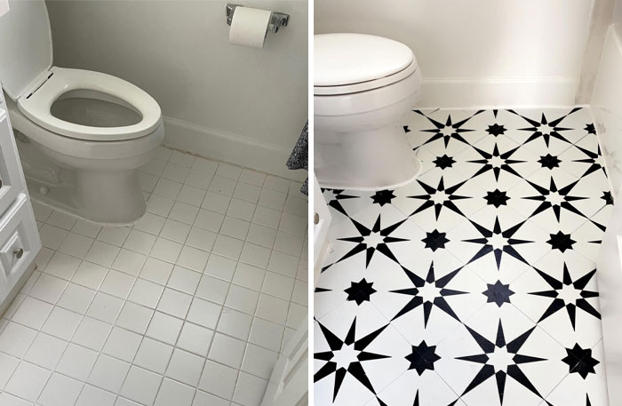 Moved Into A New Rental And Hated The Bathroom. Decided To Try Adhesive Tile- I Love It!