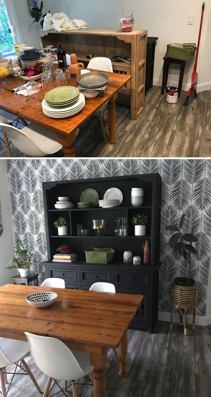 Painted My Hutch Black And Hung Some Peel ‘N’ Stick Wallpaper. Makes Such A Dramatic Difference In Our Small Builders Gr