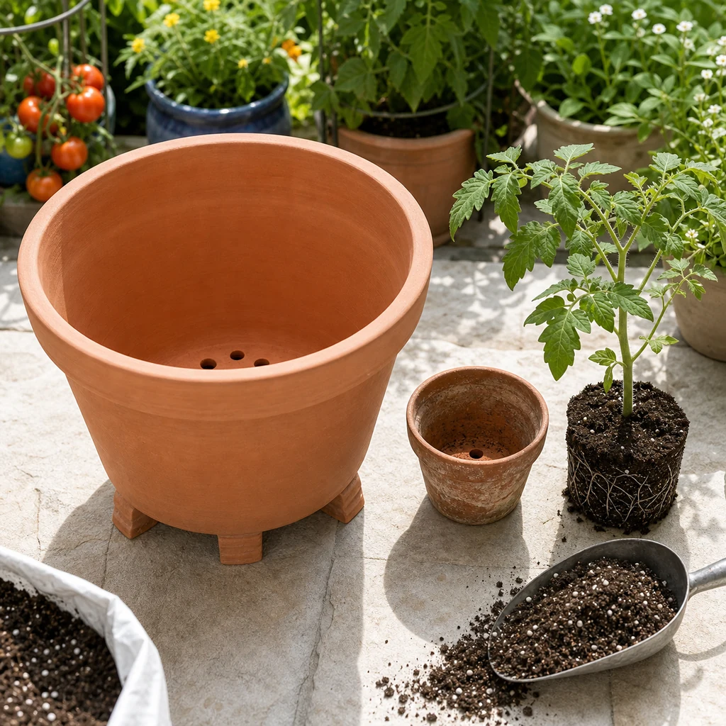 Large tomato container with drainage compared with an undersized pot