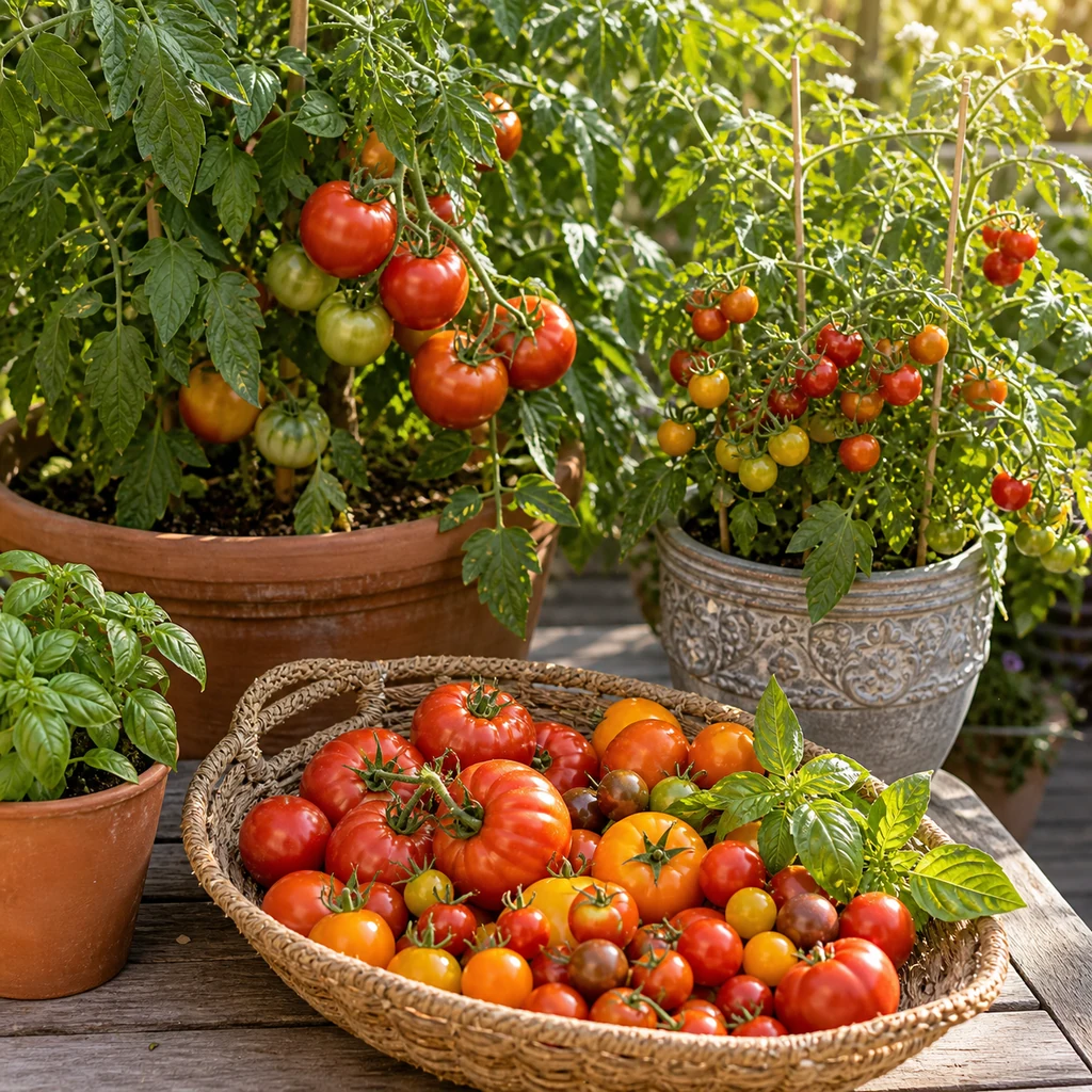 Fresh tomato harvest beside productive tomato plants grown in pots