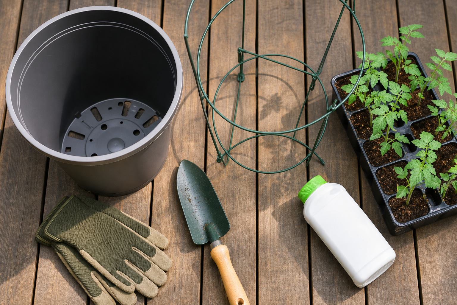 Tomato container gardening supplies including pot, cage, trowel, gloves, and fertilizer