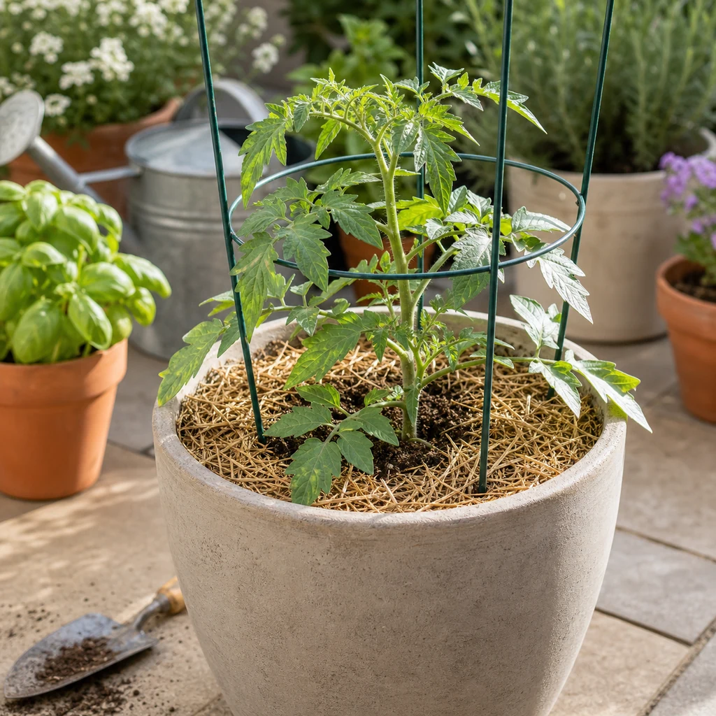 Young tomato seedling planted deeply in a large mulched pot with support