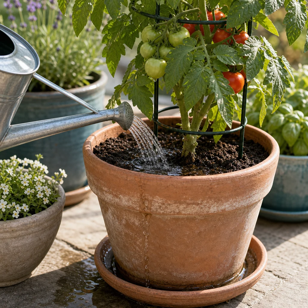 Deep watering a container tomato plant directly at soil level