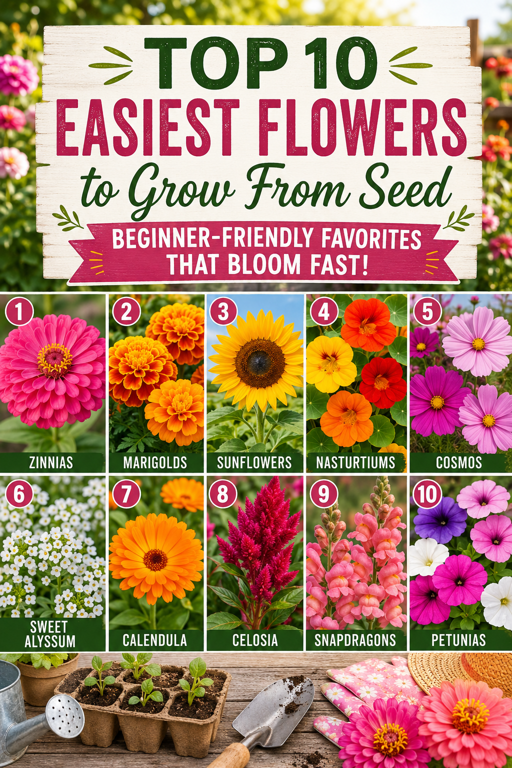 top 10 easiest flowers to grow from seed including zinnias marigolds sunflowers petunias cosmos and snapdragons in a col