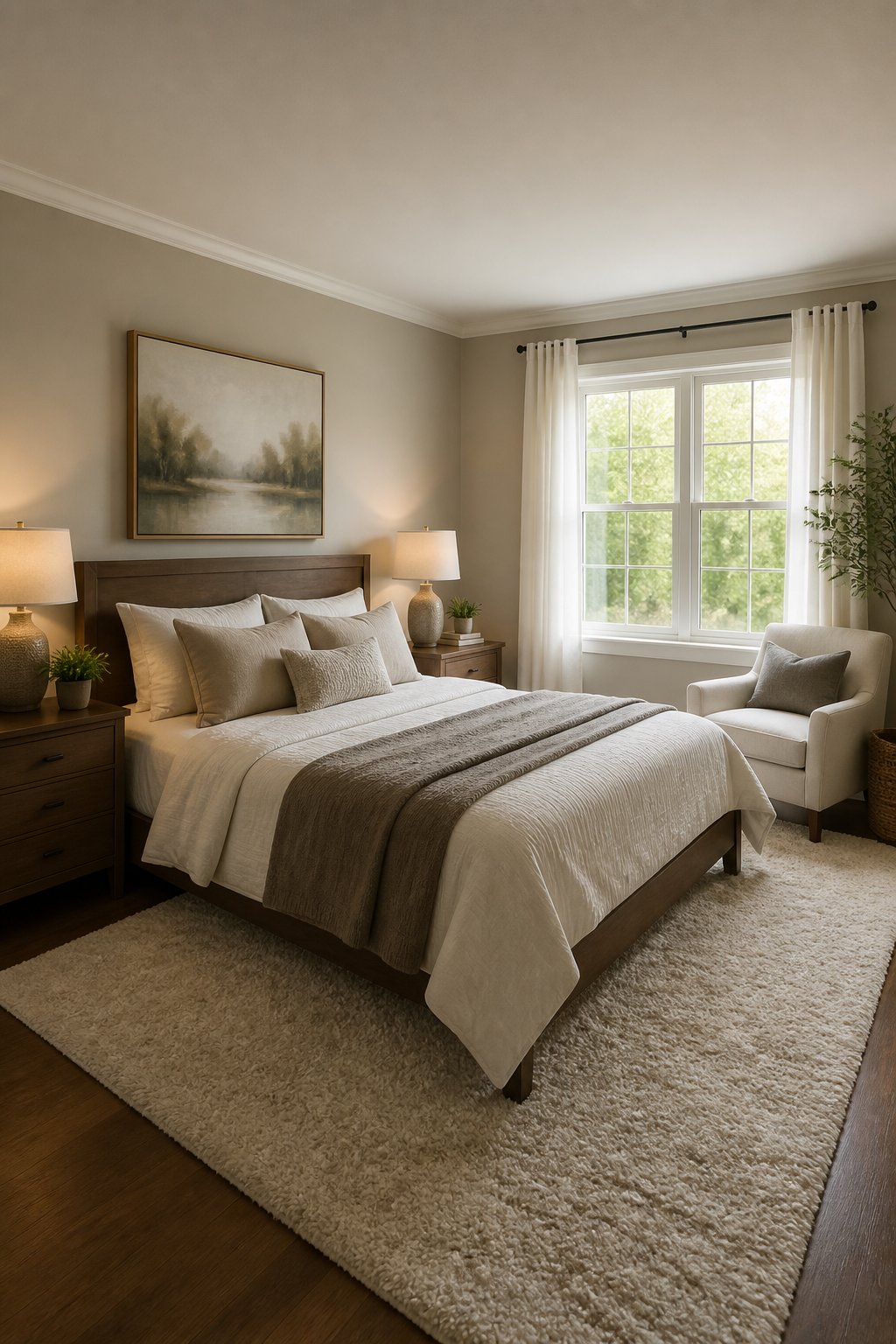 A neatly made bed positioned near a large window with soft natural light, paired with matching nightstands and lamps, a