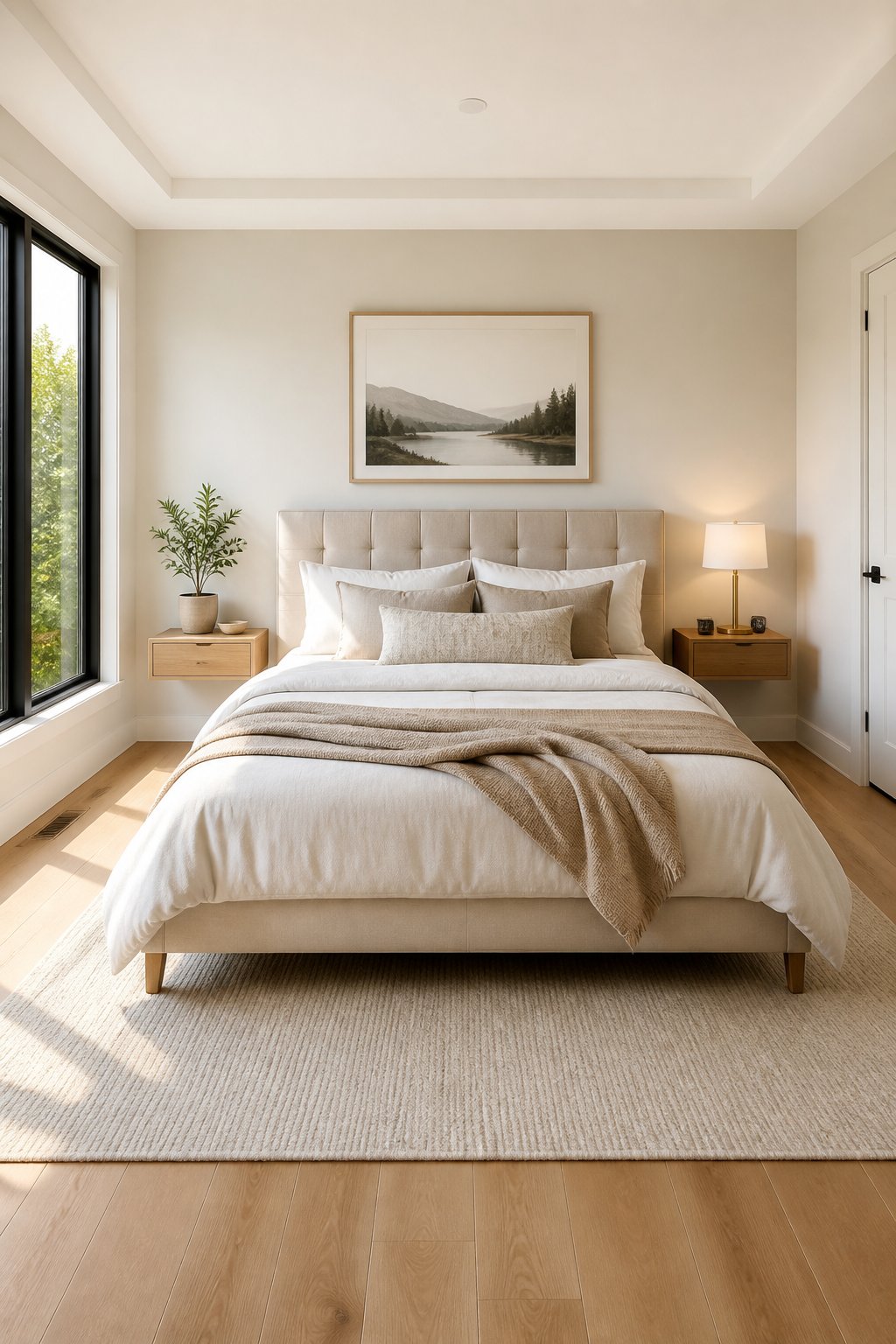 A bed centered symmetrically on a painted accent wall with slim wall-mounted floating nightstands on each side and open