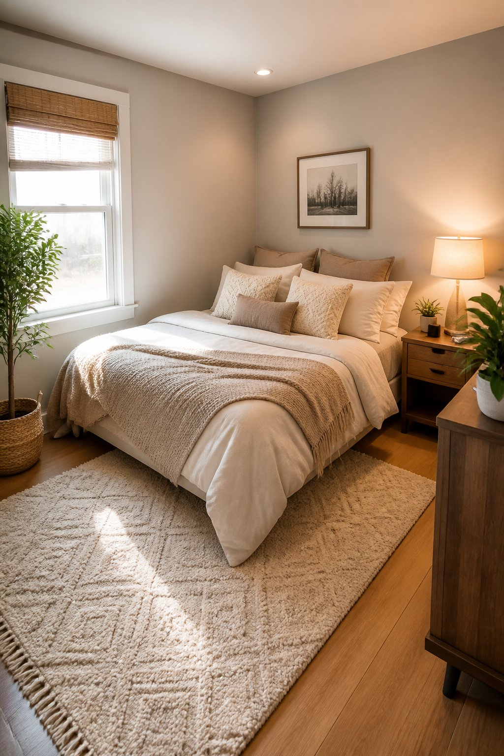 A bed angled diagonally with its headboard corner tucked into the room's corner, leaving an open triangular floor space