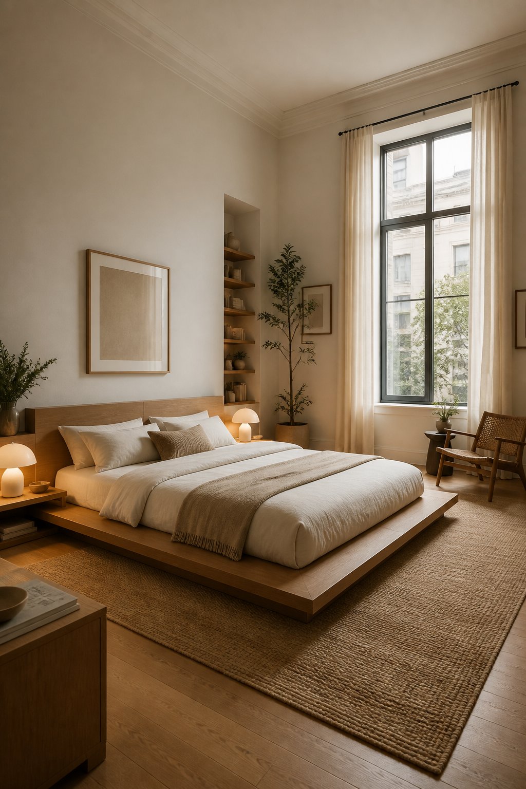A mattress on a low dark-stained wooden platform frame beneath tall white ceilings, with minimal decor and soft light co