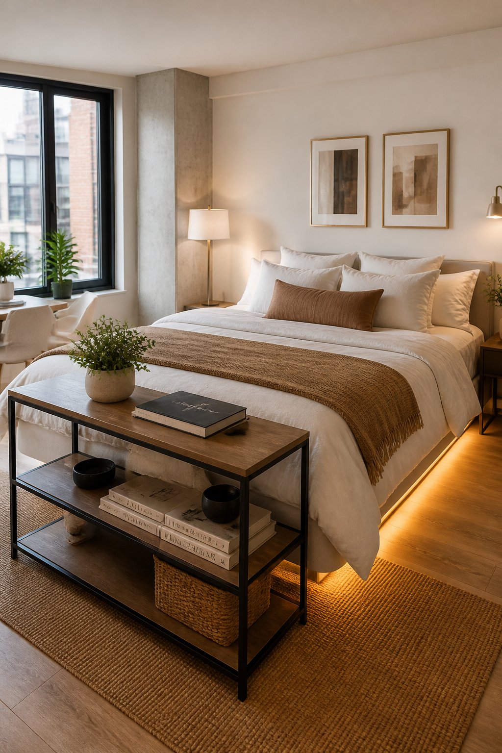 A studio apartment bed pulled away from the walls with a slim narrow console table positioned at the foot, separating th
