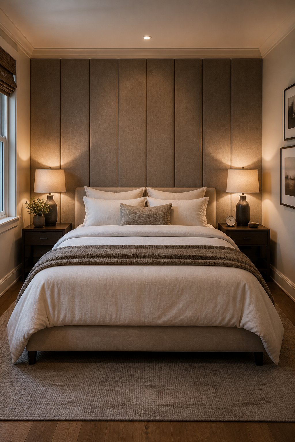 A bed positioned beneath a wide upholstered headboard that spans the full width of the wall, with low nightstands tucked