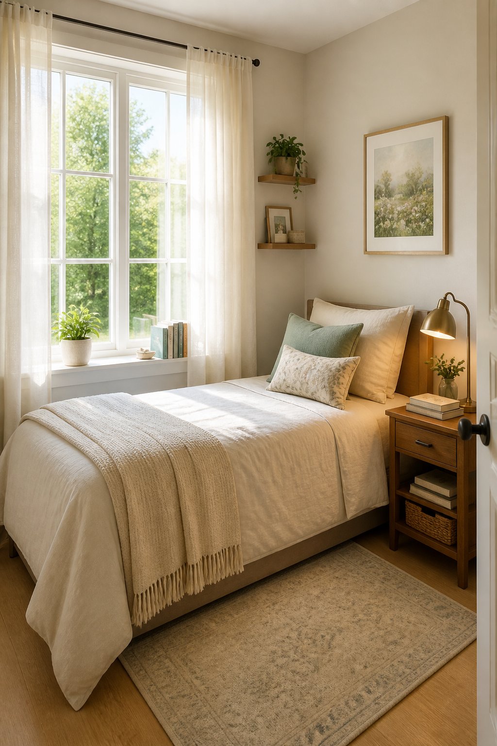 A twin bed pushed sideways against a wall with the headboard end close to a window, a small nightstand holding a lamp an