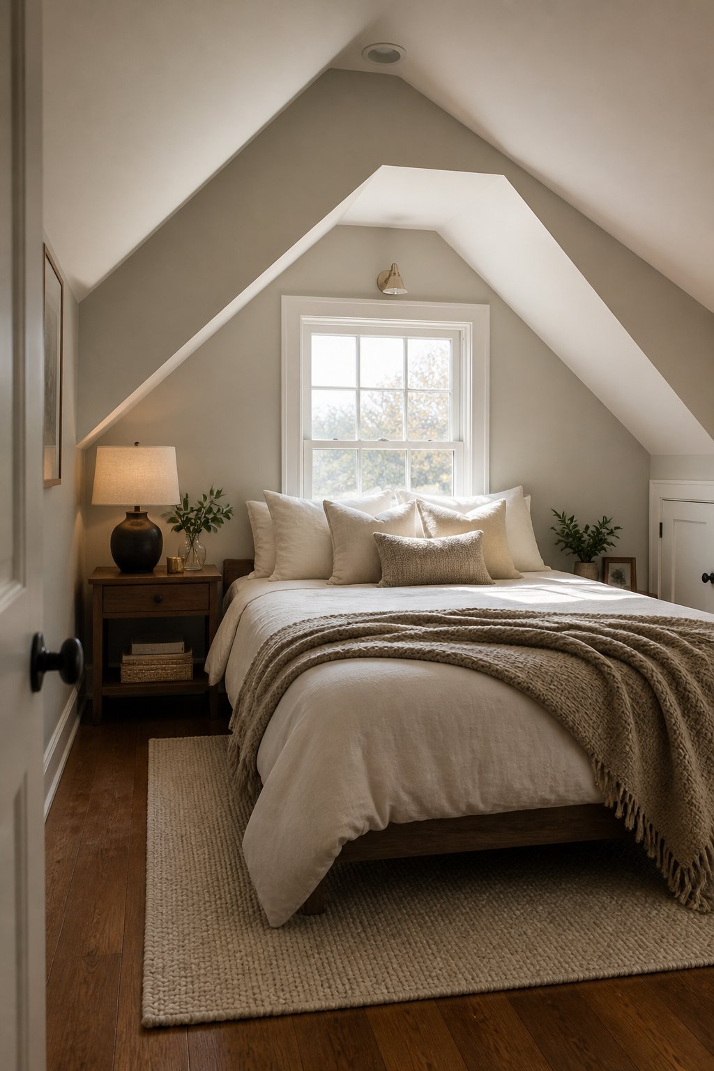A bed with soft white bedding tucked under a sharply sloped ceiling near a small dormer window, with warm light and a lo