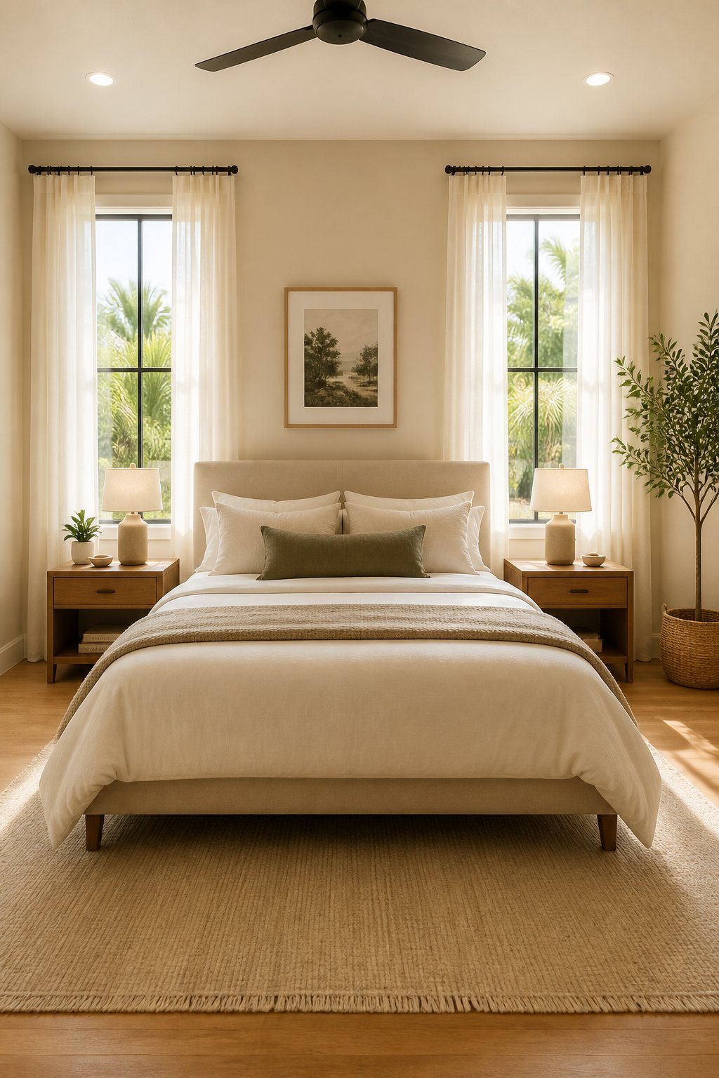 A bed centered on a wall flanked by two matching windows with linen curtains, low bedside tables with table lamps on eac
