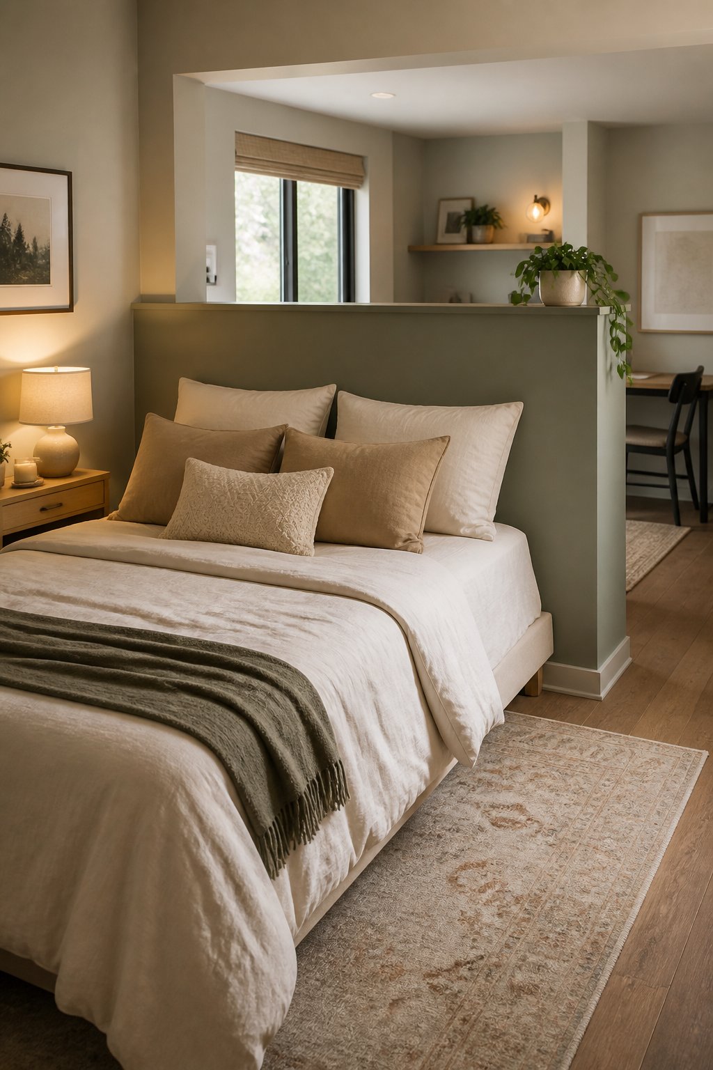 A bed with layered white and cream bedding positioned behind a low painted half-wall divider, with soft natural light an