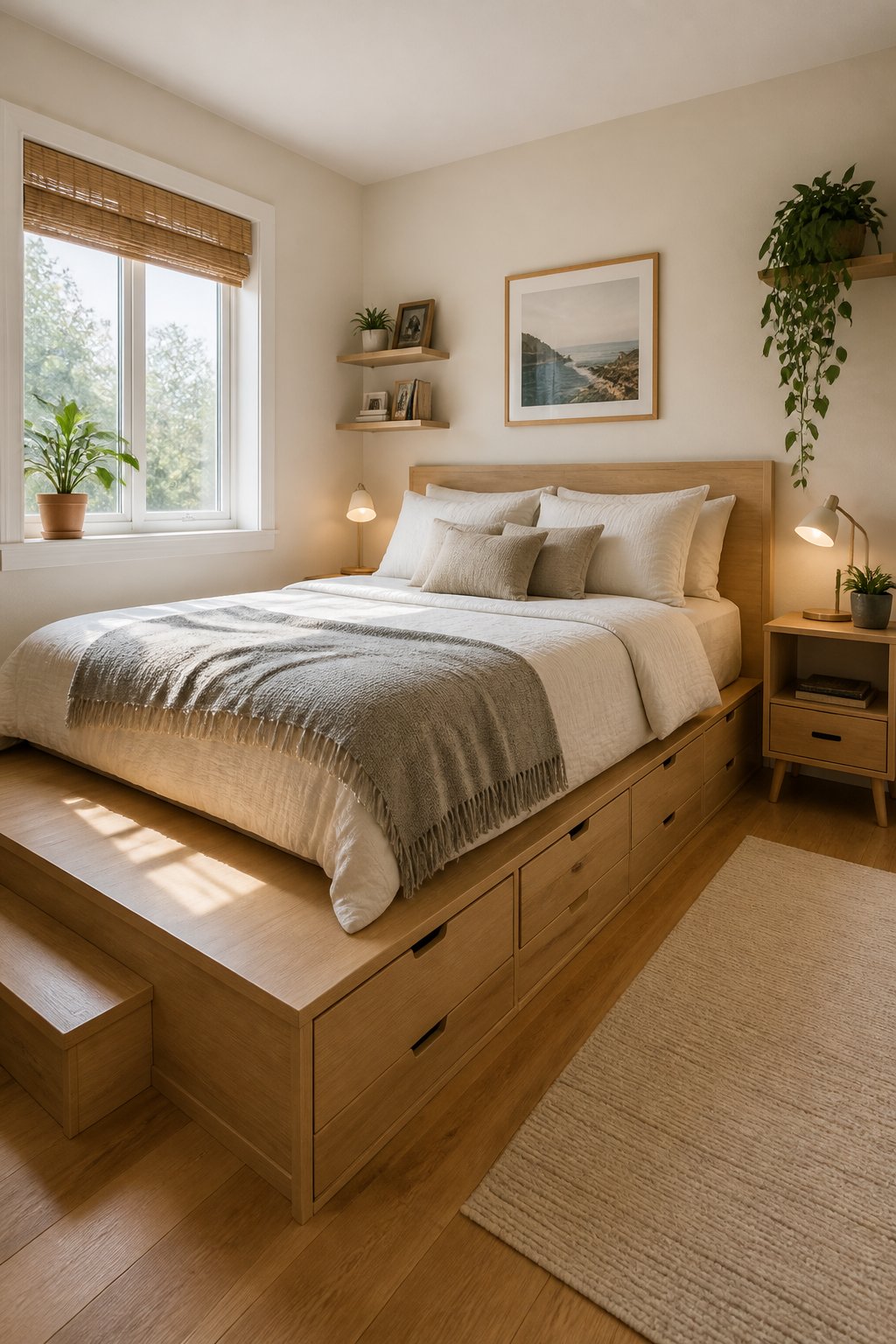 A bed on a low raised wooden platform with deep storage drawers along the base, flanked by small bedside tables and lit