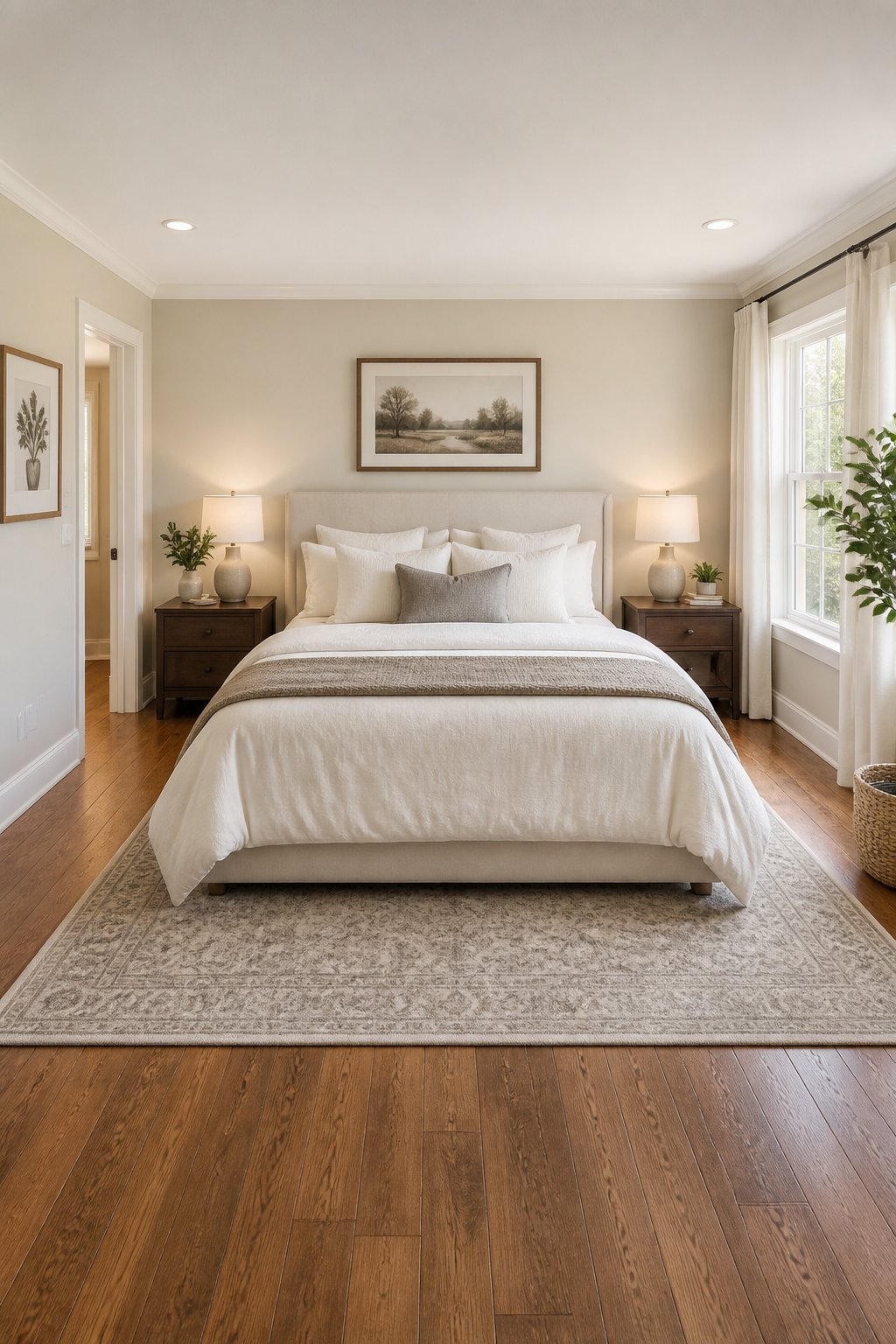 A bed with its headboard running along a long pale wall, with clear open floor space on both sides, soft natural light f