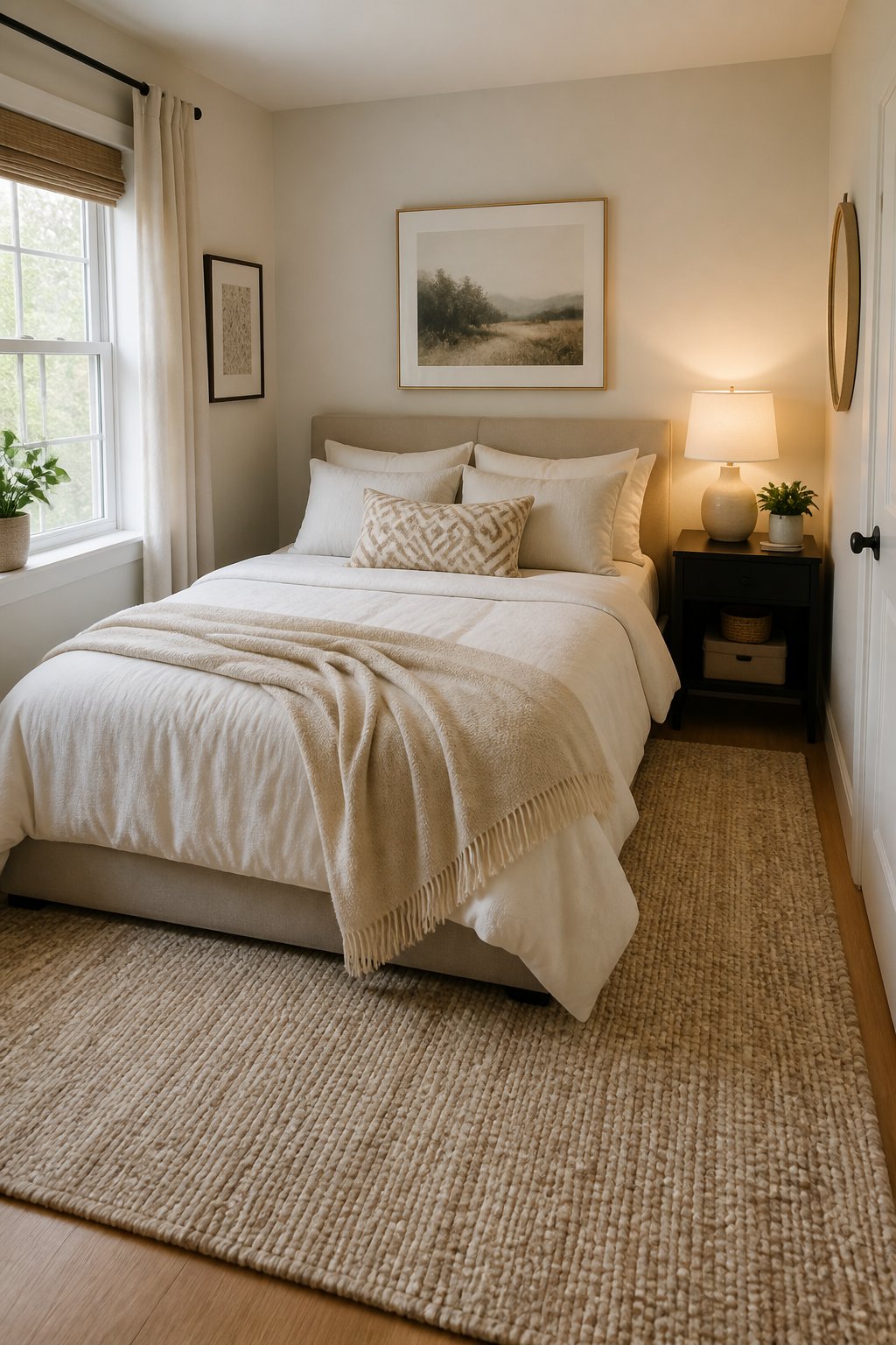 A compact bedroom with a bed centered over a large neutral-toned rug, with the rug extending well beyond the sides and f