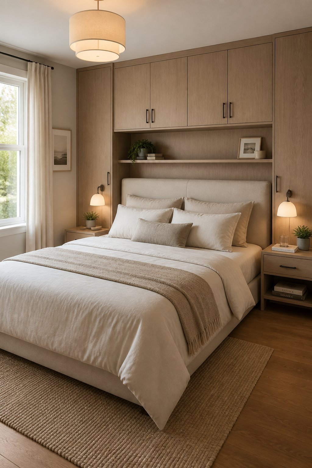 A bed with a simple upholstered headboard placed flush against a wall with built-in closet doors, flanked by narrow one-