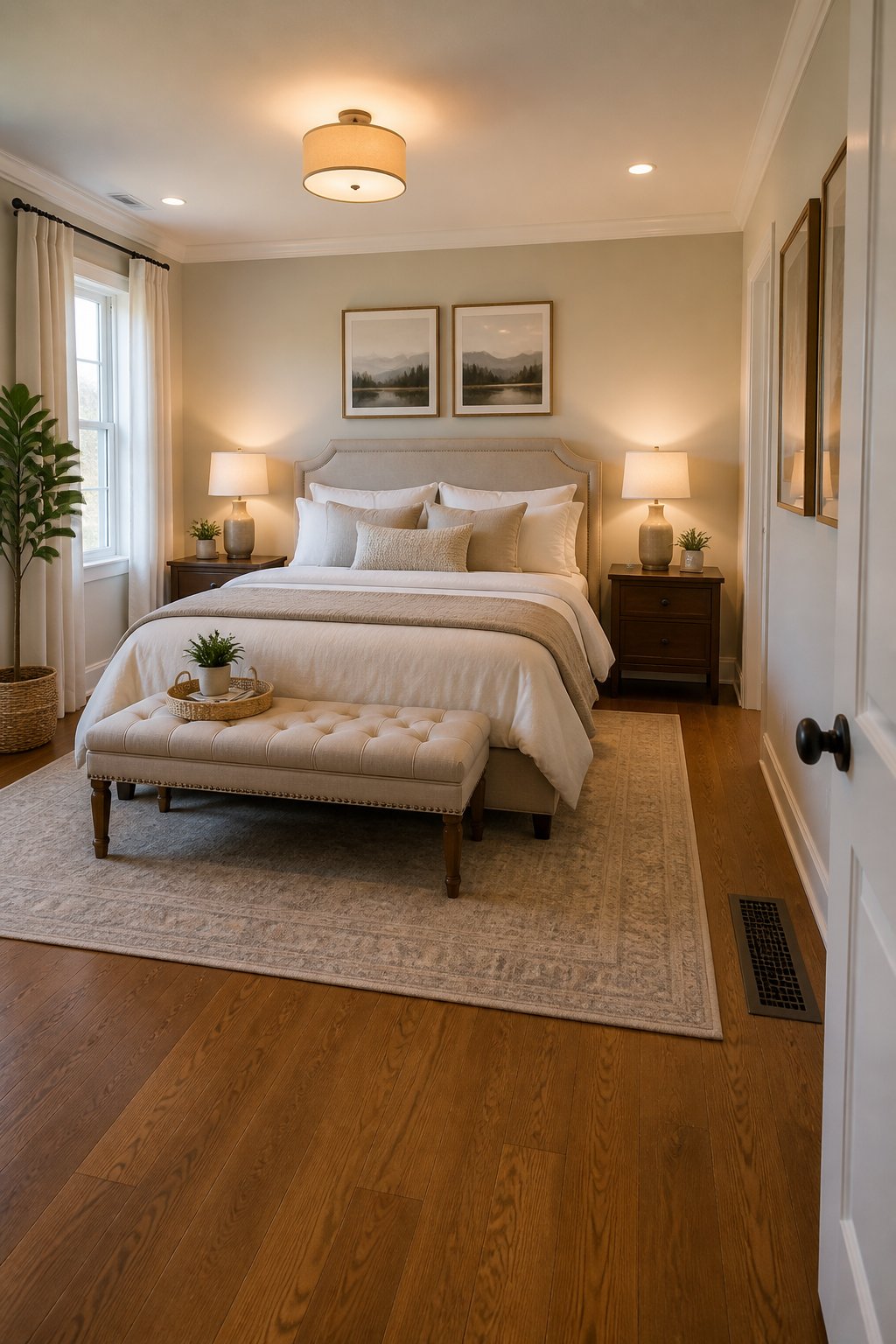 A bedroom with the foot of the bed facing the doorway and a low upholstered bench positioned at the end of the bed, with