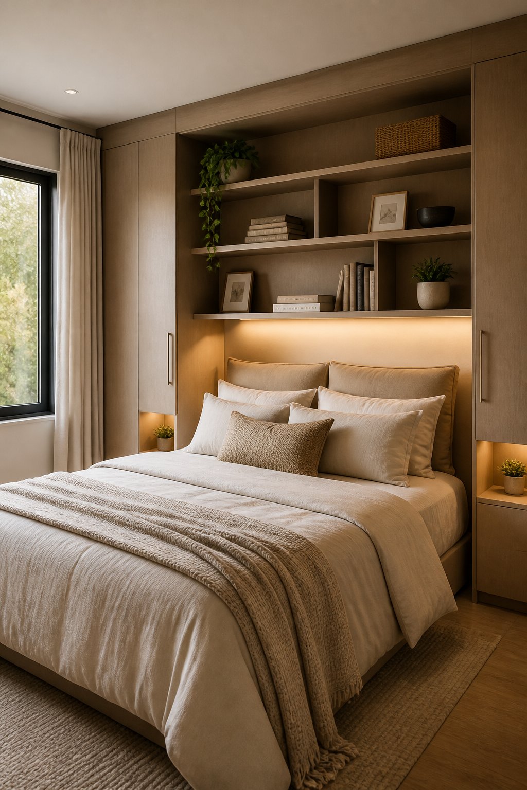 A bed positioned beneath a built-in wall of shelves filled with books, small plants, and ceramic objects, with warm rece