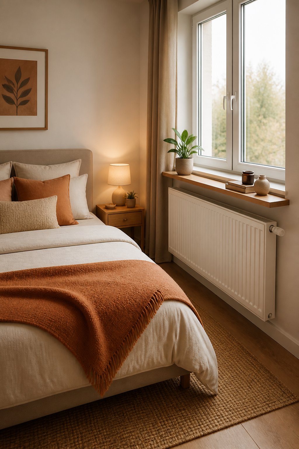 A bed running perpendicular to a cast-iron radiator beneath a window, with a slim wooden shelf mounted just above the ra
