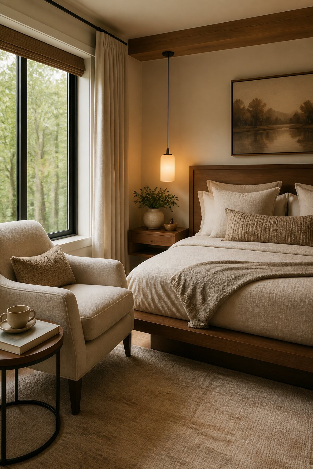A bed pulled slightly away from the wall near a tall window, with a small upholstered reading chair angled toward the be