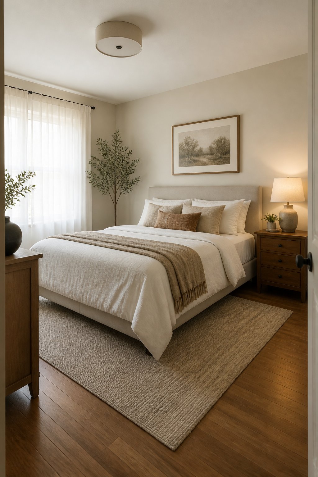A simply arranged bedroom with a neatly made bed leaving clear open pathways on both sides, a wooden nightstand with a s