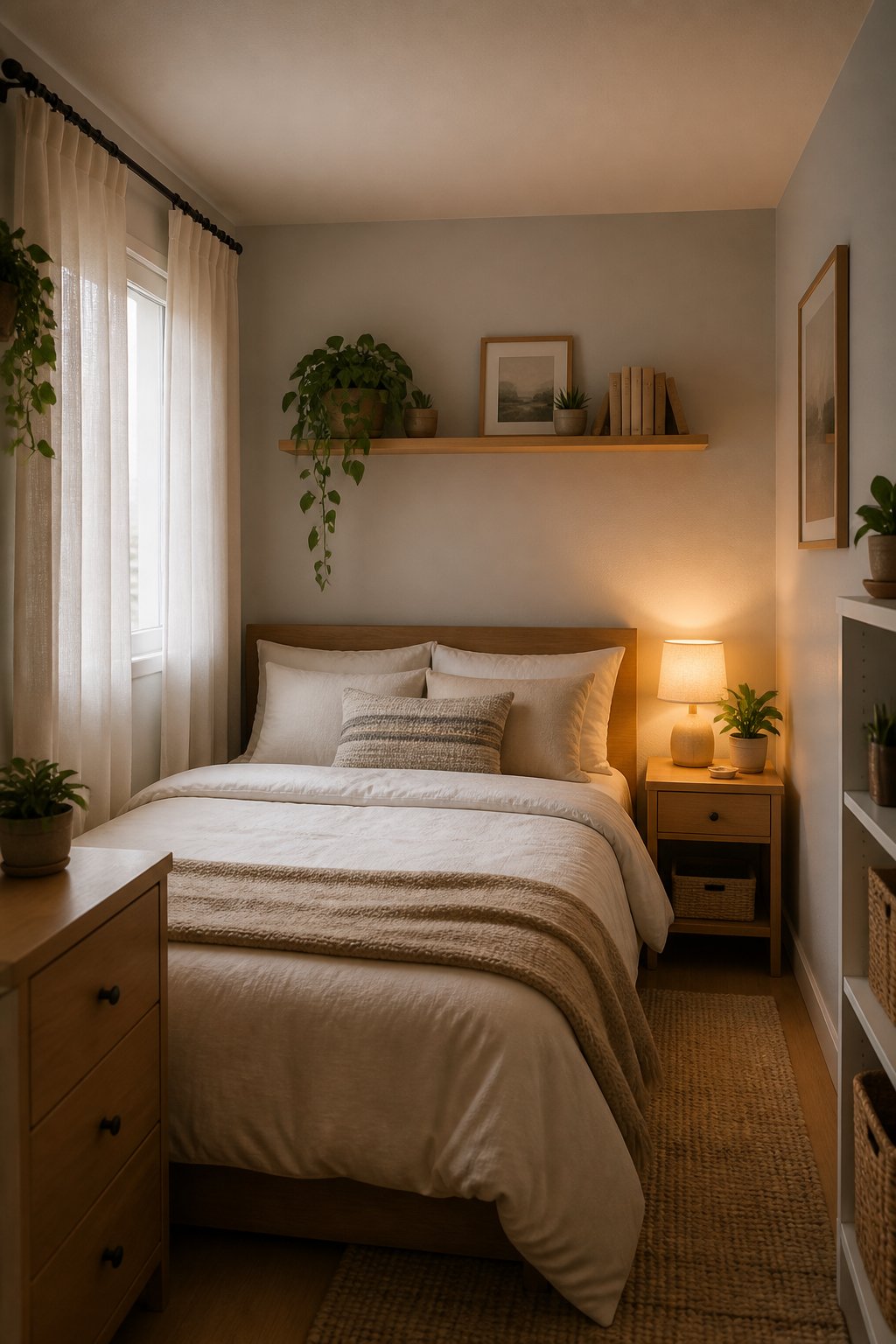 A small bedroom with a bed positioned along the longest wall, soft light from a side window with sheer curtains, a compa